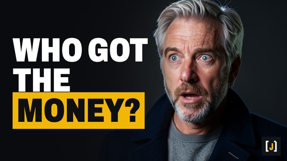 Episode thumbnail: Tom Ashby, our AI presenter, looking astonished beside the words &ldquo;Who got the money?&rdquo;